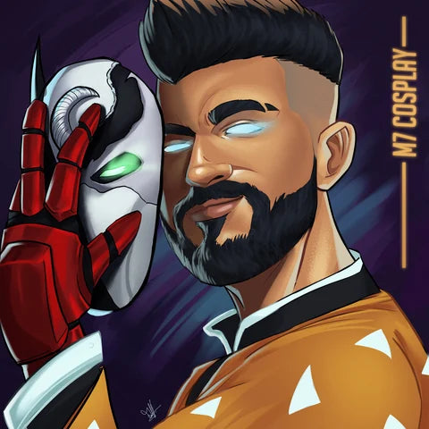 Illustrated portrait of Mohammed Haroon, M7 Cosplay, holding a mask